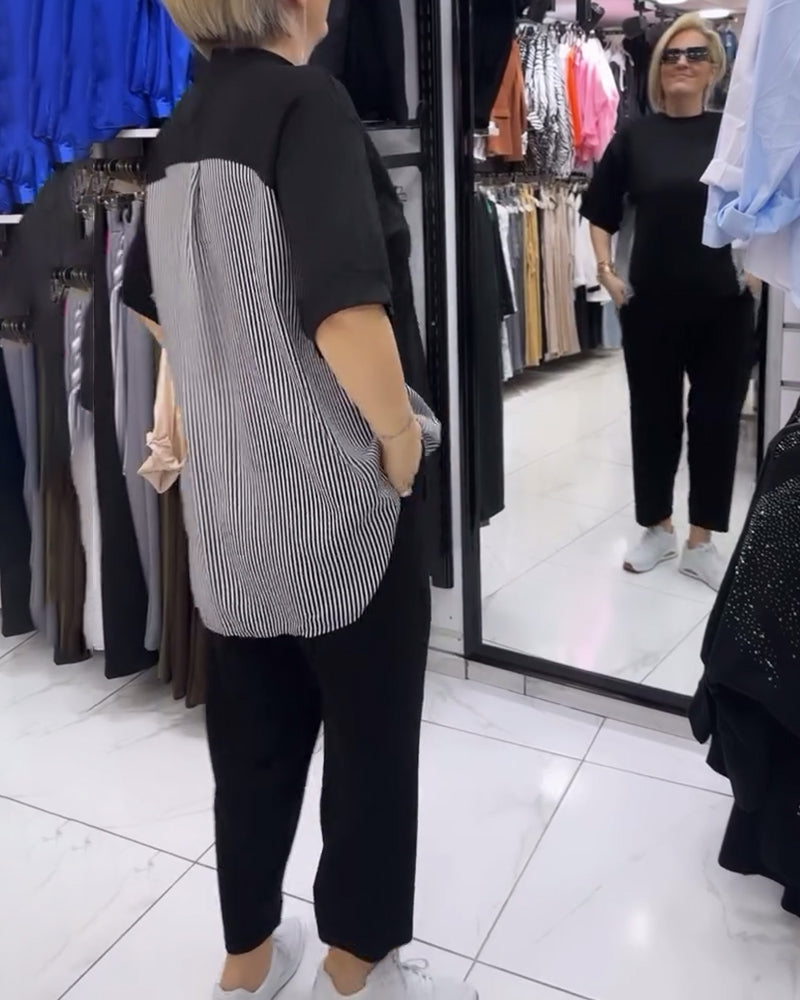 Casual blouse met patchwork en krijtstreep