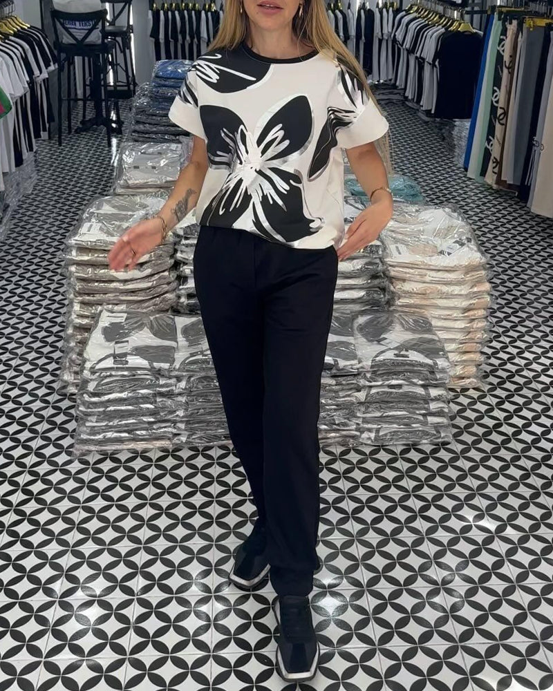 Casual T-shirt met ronde hals en bloemenprint