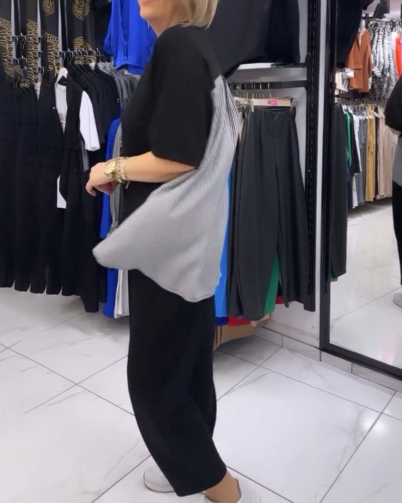 Casual blouse met patchwork en krijtstreep