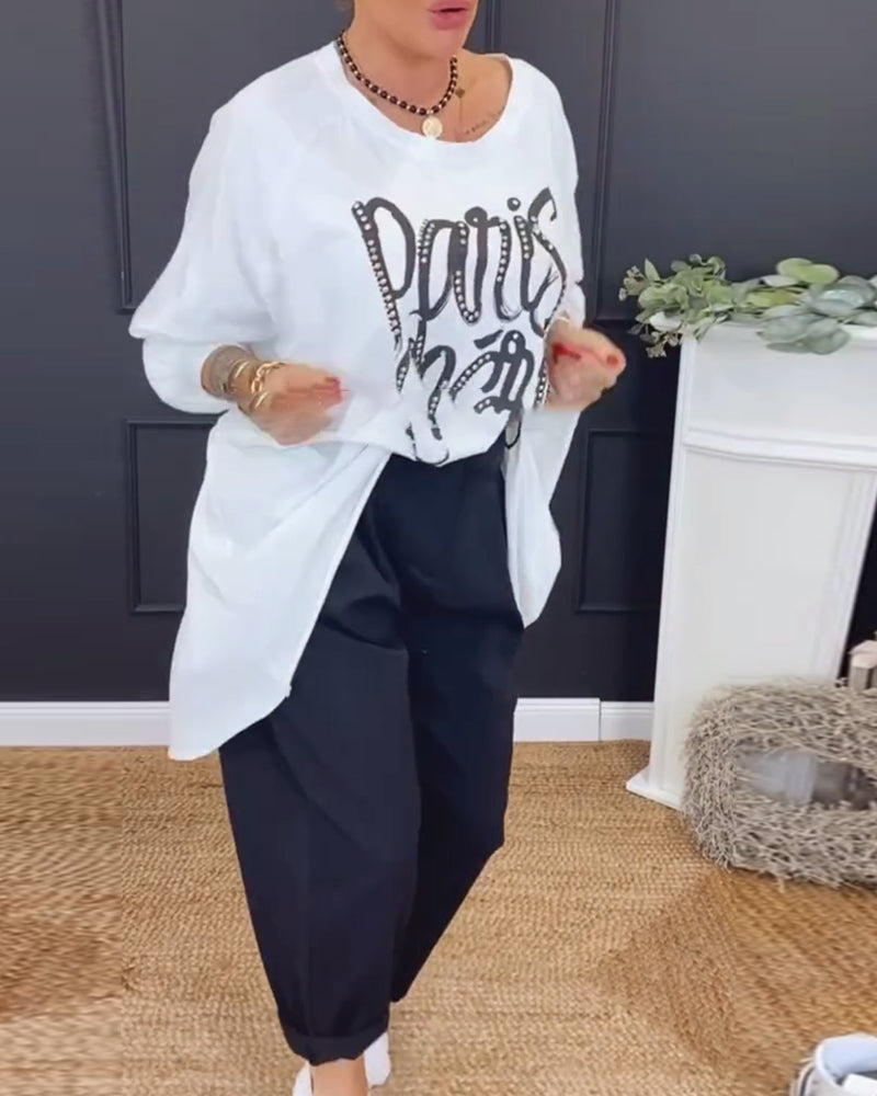 Top Ronde Hals Onregelmatige Letterprint