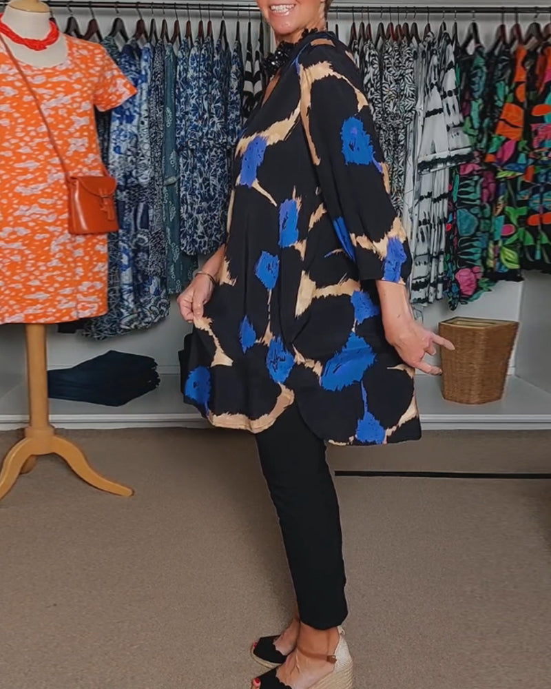 Contrasterende kleur print V-hals casual blouse met lange mouwen