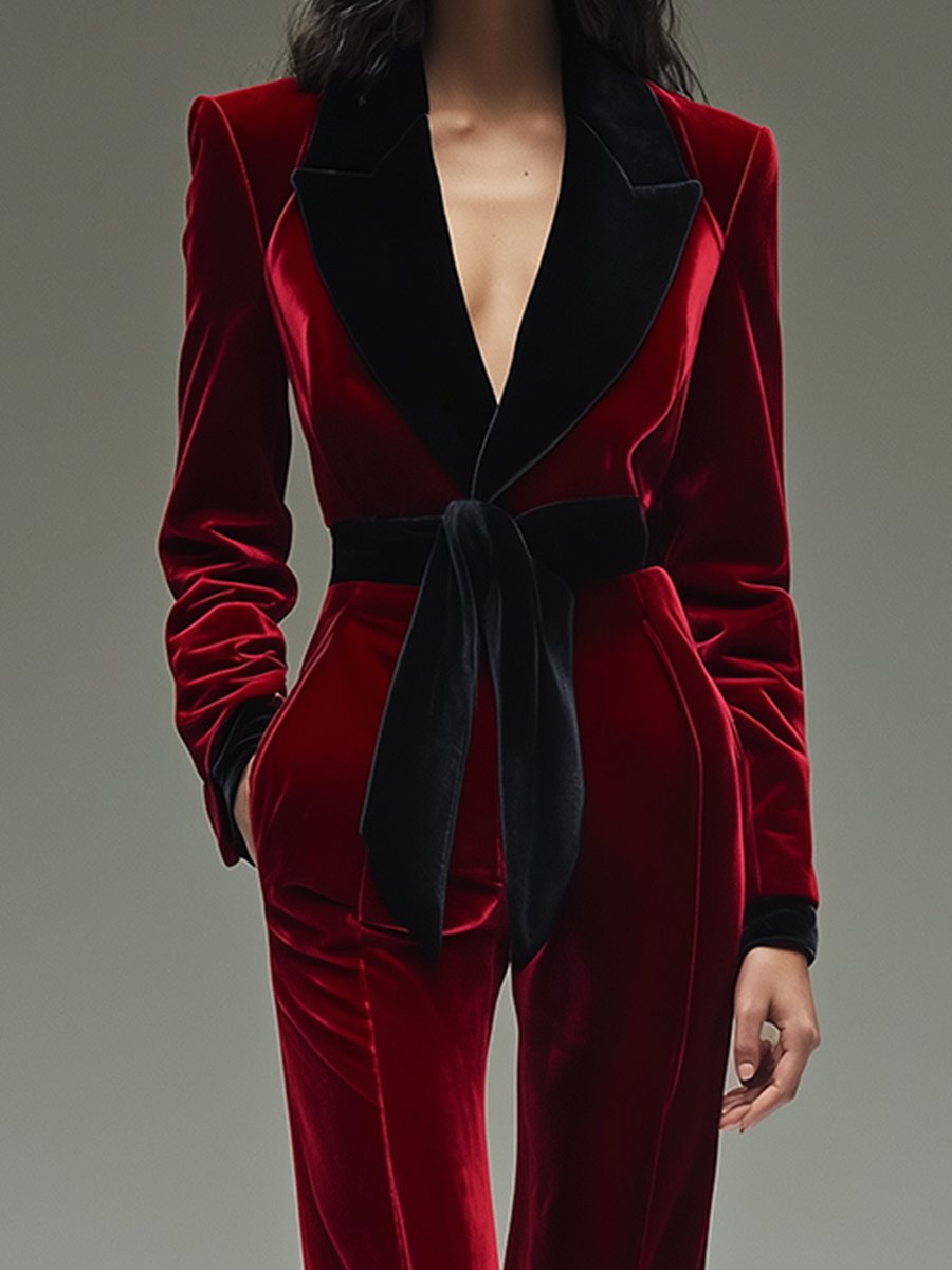 Velvet jumpsuit - stijlvolle rode dames jumpsuit met lange mouwen