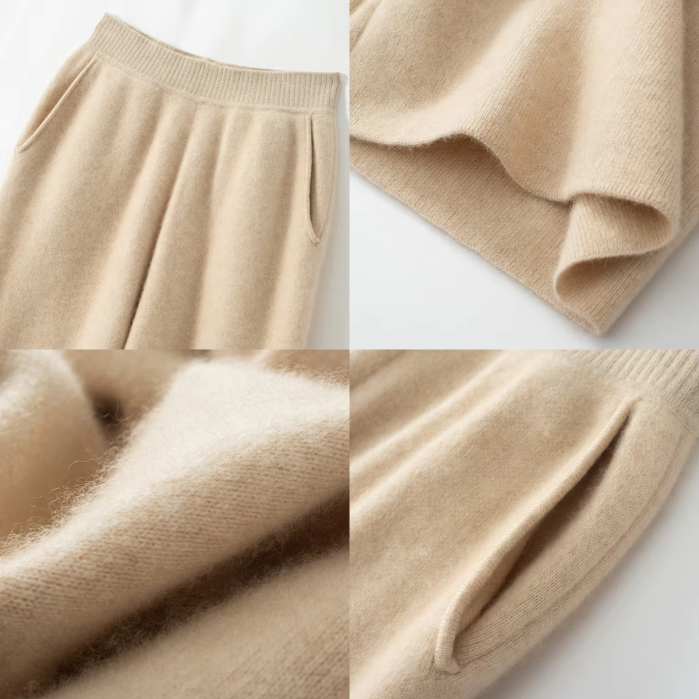 Gebreide cashmere broek - luxe damesbroek met wijde pijpen