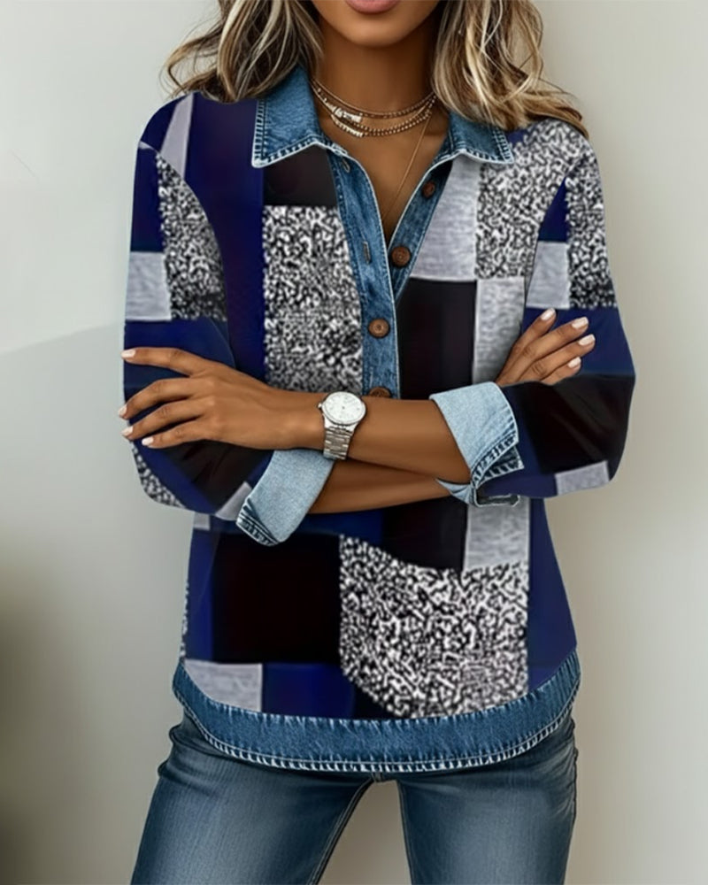 Sweater Denim Patchwork Print Casual