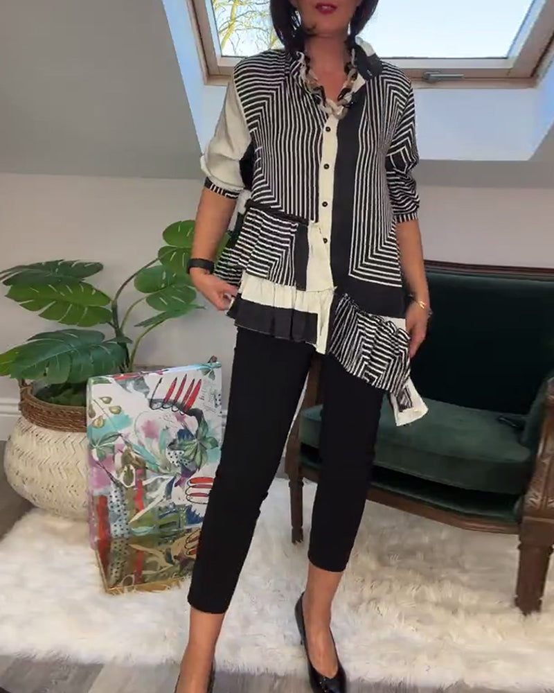 Modieus overhemd met onregelmatige patchwork-knopen en print