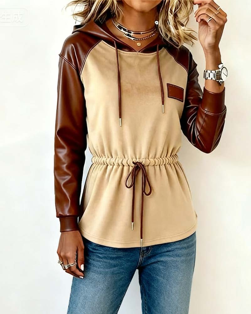 Sweatshirt met capuchon van PU-patchwork met lange mouwen