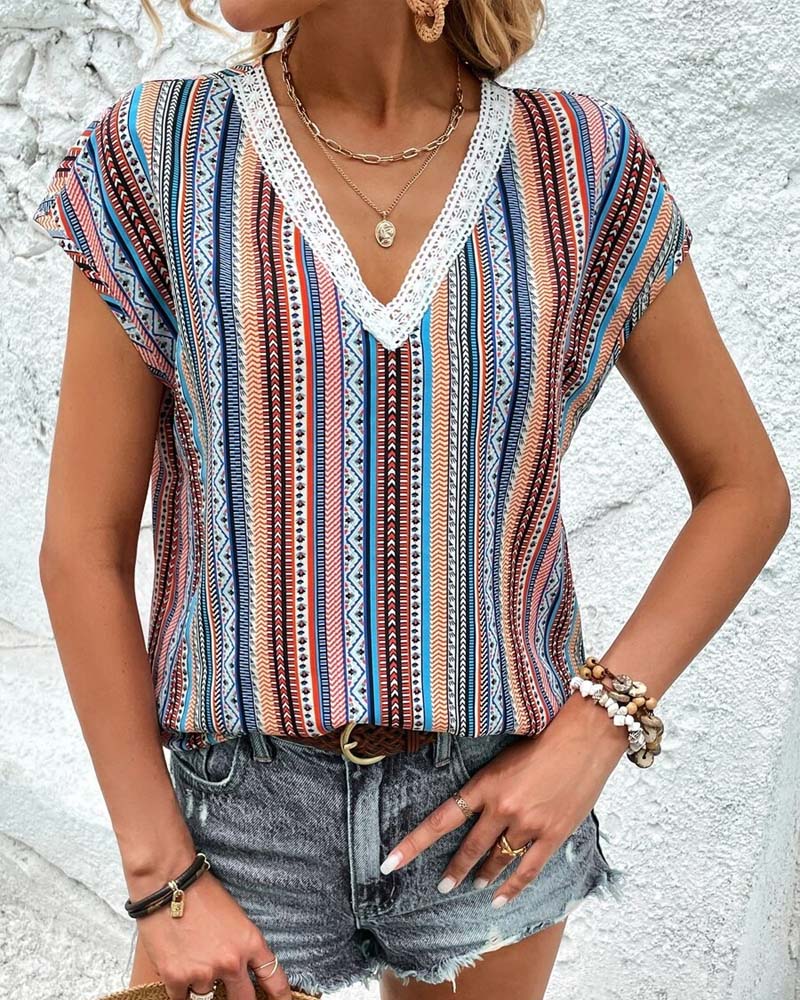 T-Shirt Kleurrijk Bedrukt Kant V-Hals