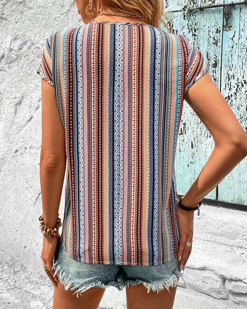 T-Shirt Kleurrijk Bedrukt Kant V-Hals