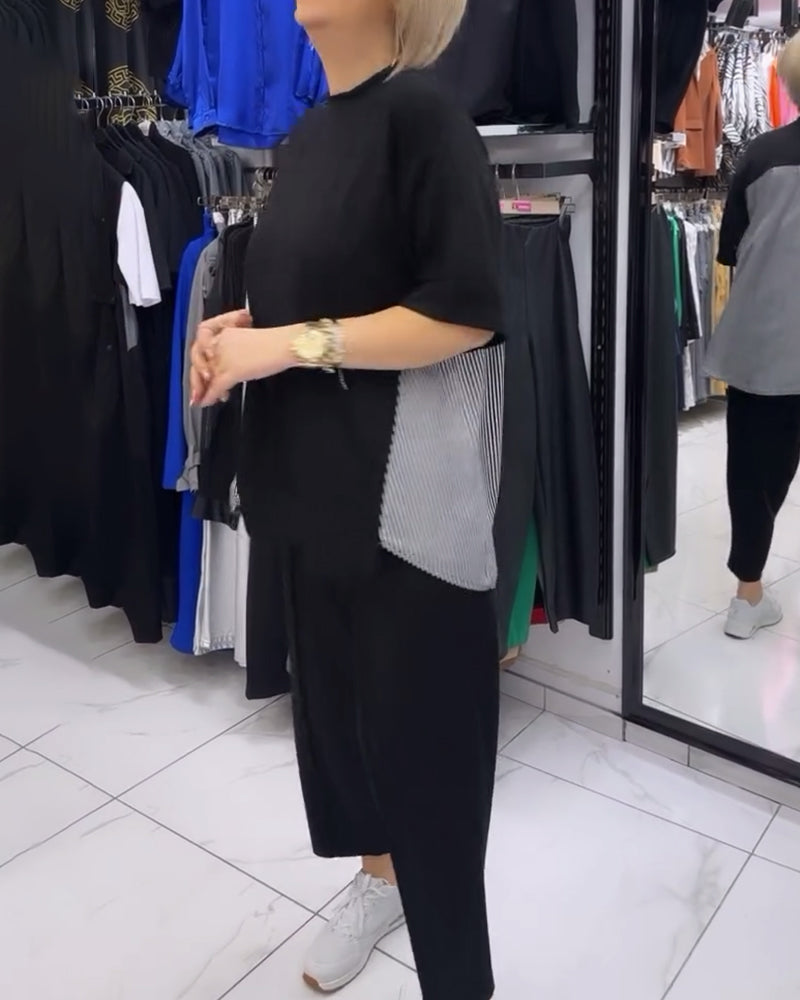 Casual blouse met patchwork en krijtstreep