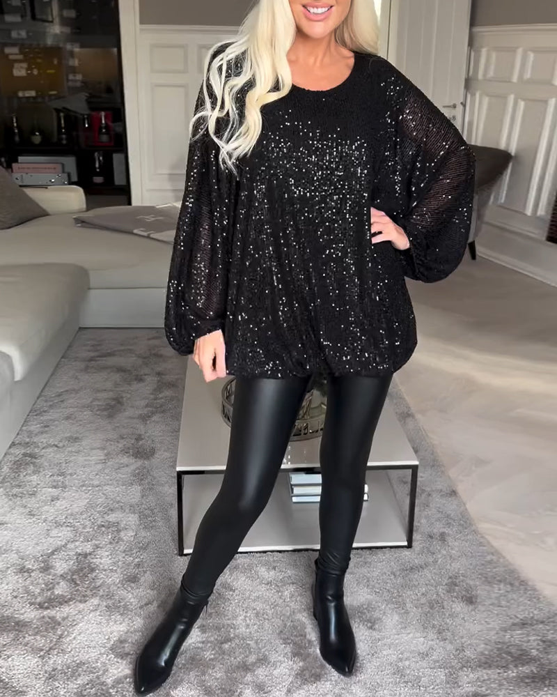 Top met ronde hals en ballonmouwen en pailletten