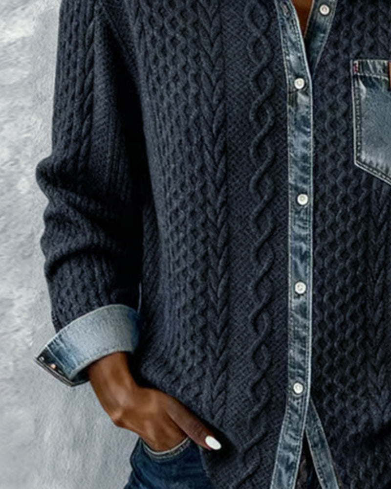 Langmouwige Blouse Met Denim-Patchwork