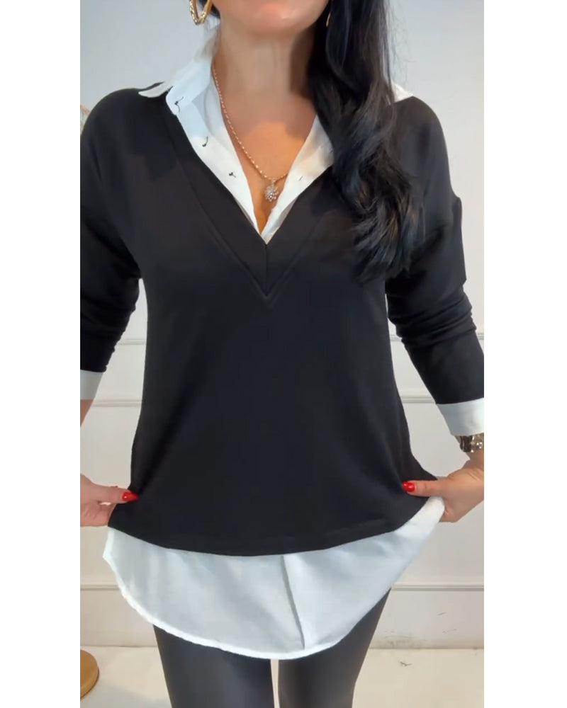 Top Zwart En Wit Patchwork Revers