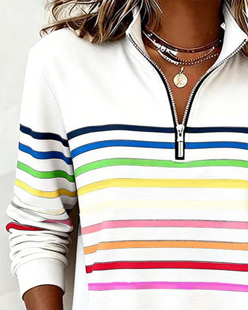 Modieuze Sweatshirt Met Halve Rits En Regenboogstrepen