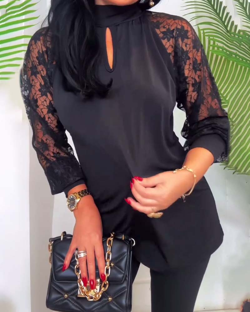 Top mode effen kleur gehaakt kant mouw patchwork