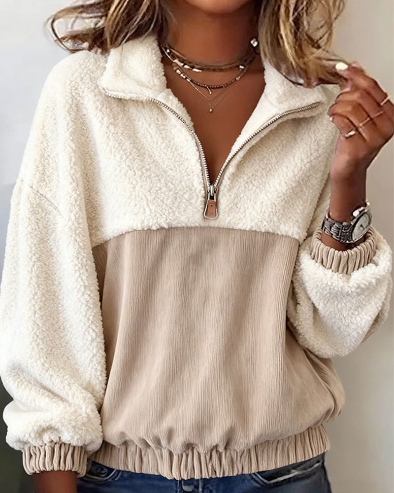 Sweatshirt Met Halve Rits, Reverskraag En Contrastkleur