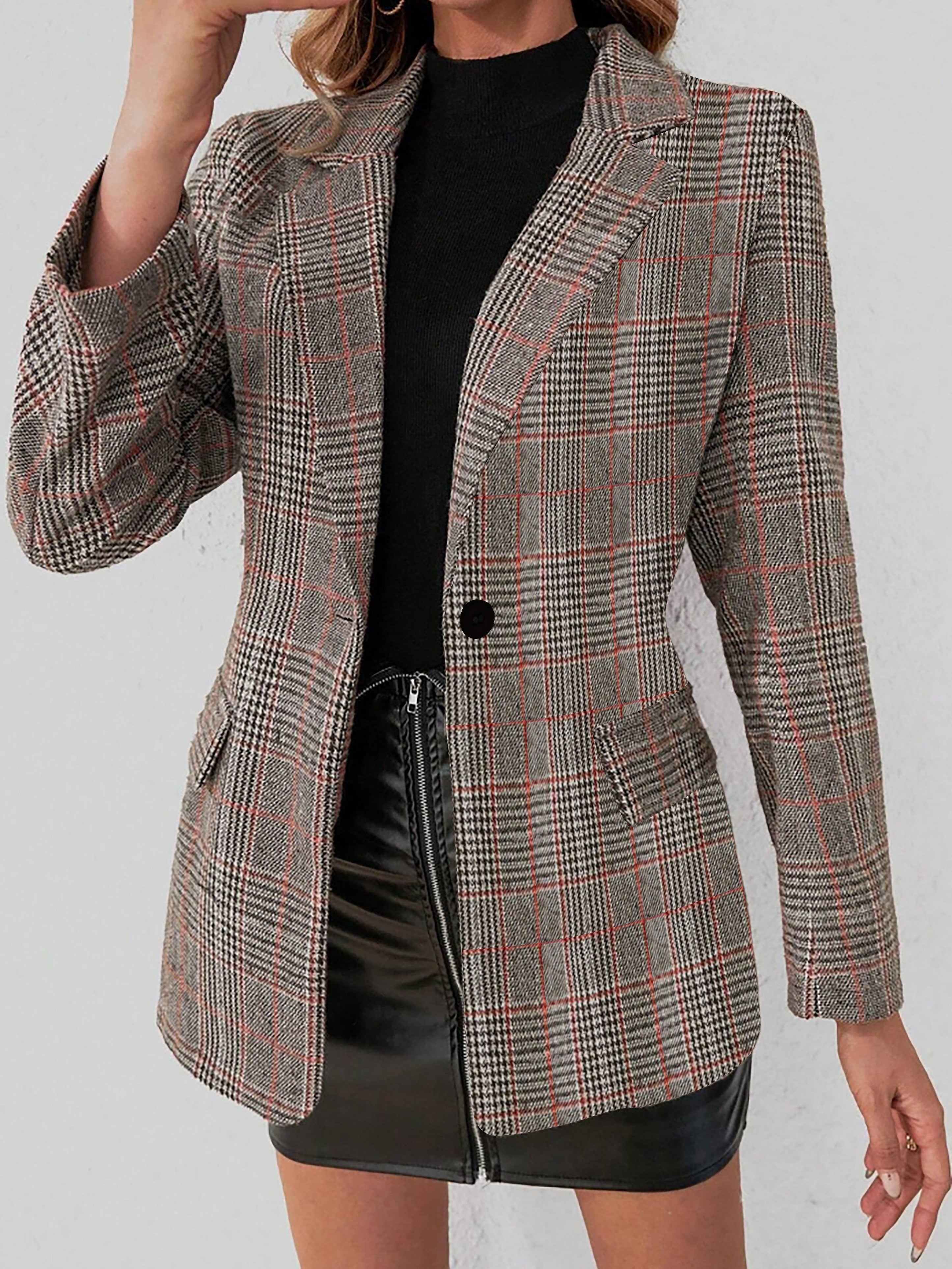 Dames bruine geruite blazer, tailored fit - chique layering jasje van kwaliteit stof