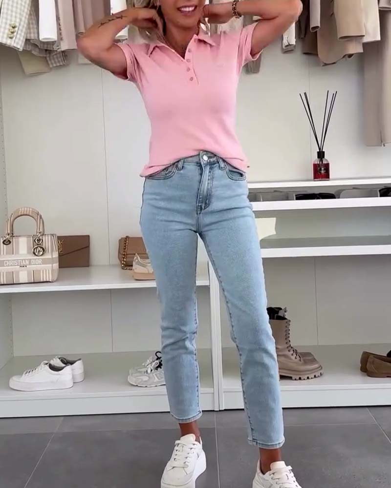 T-Shirt Revers Poloshirt Effen Kleur Slim Fit