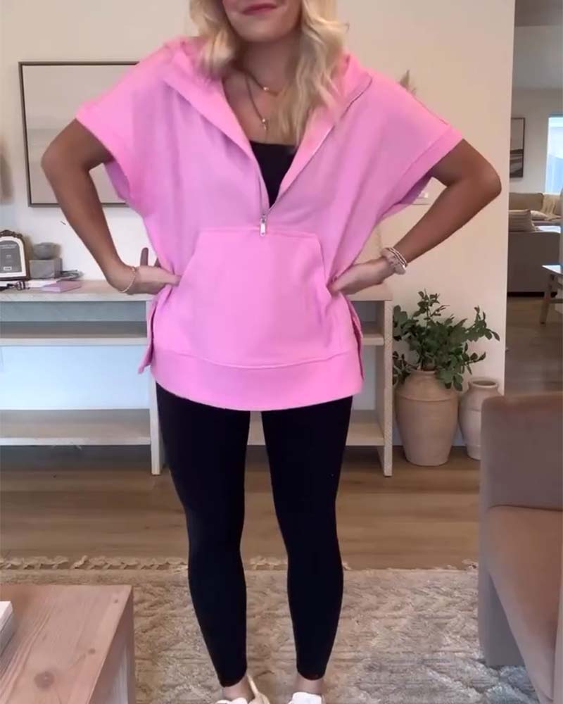 Hoodie met halve rits en korte mouwen