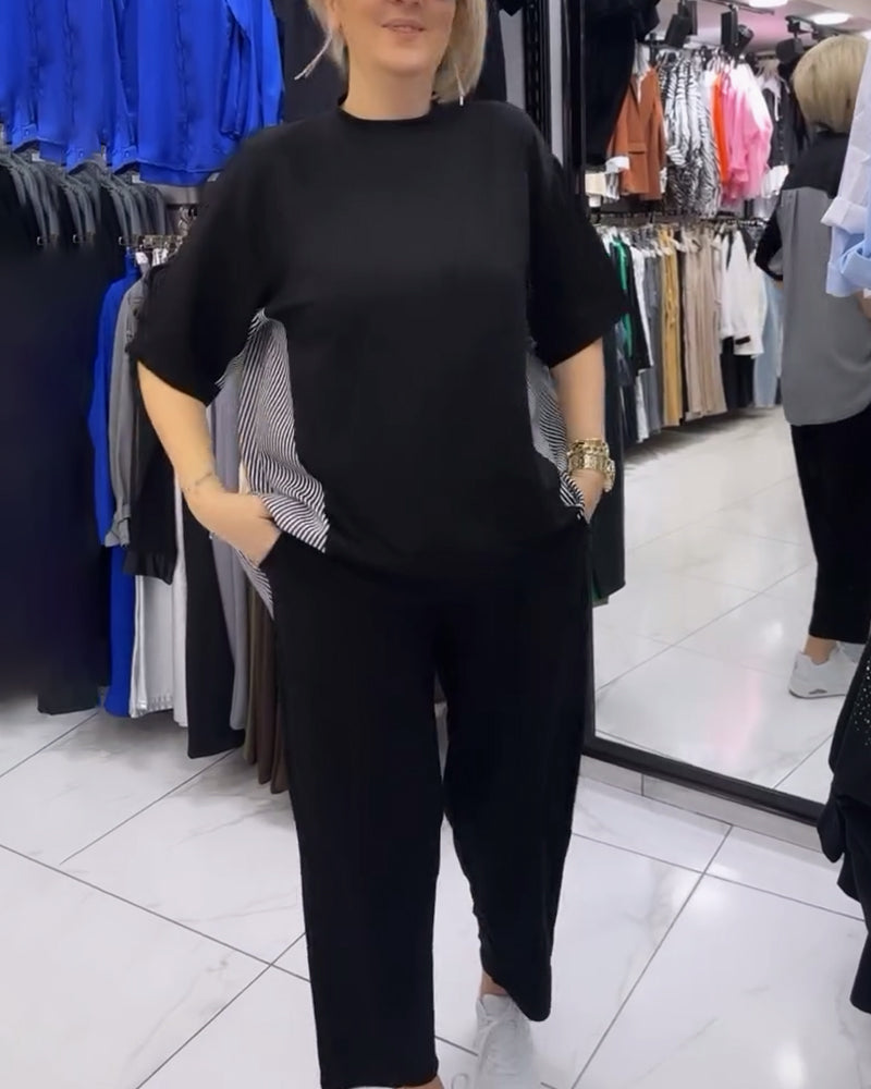 Casual blouse met patchwork en krijtstreep