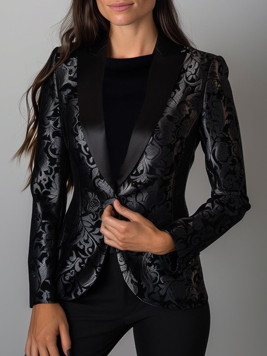 Luxe zwarte en zilveren bloemen jacquard blazer - elegante avondjas voor dames