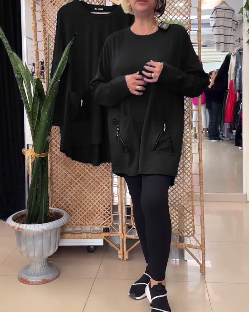 Sweatshirt ronde hals effen kleur ritszak