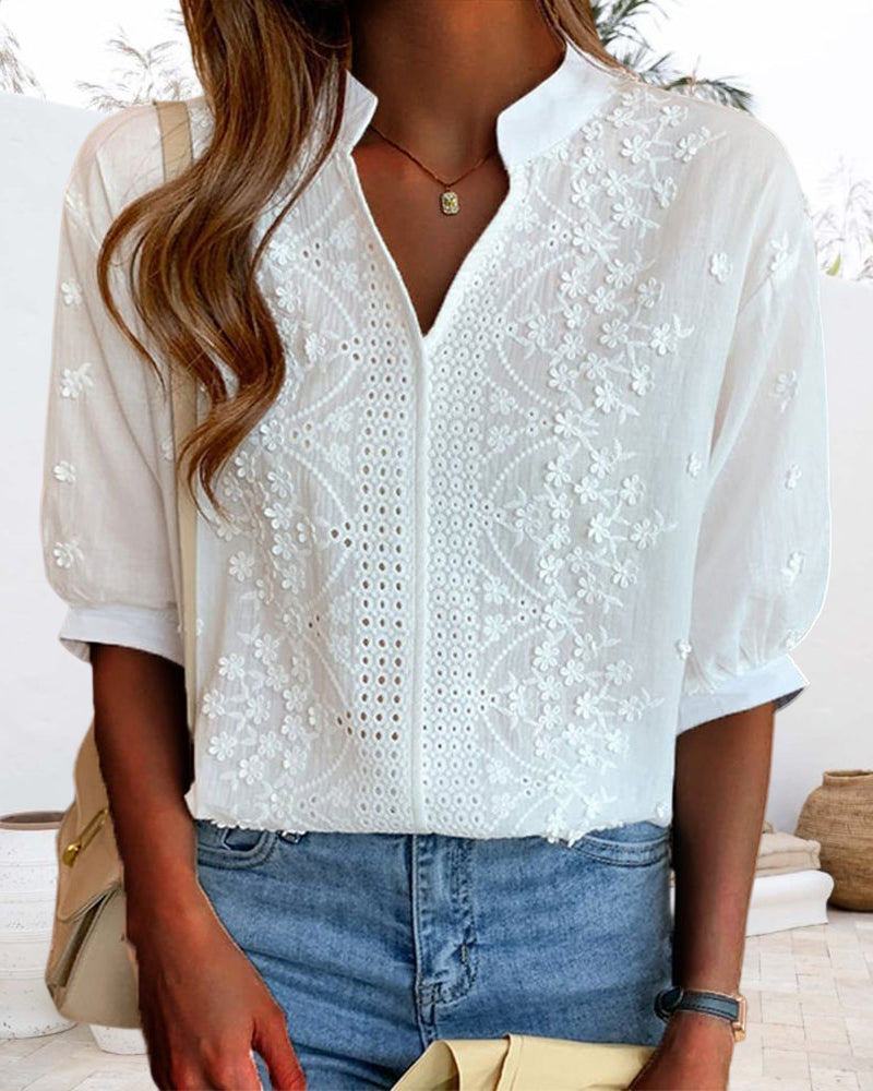 Effen blouse met V-hals en korte mouwen