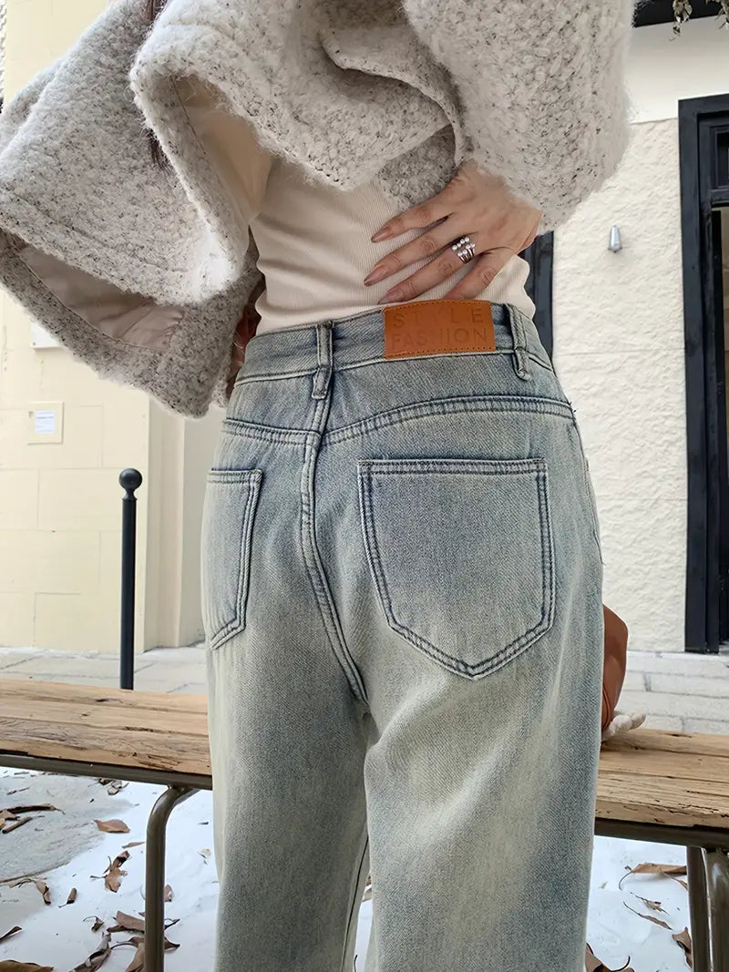 Hoge taille recht gesneden jeans - samtblauwe dames casual broeken