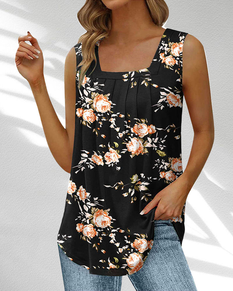Tanktop met vierkante hals en veren- en bloemenprint