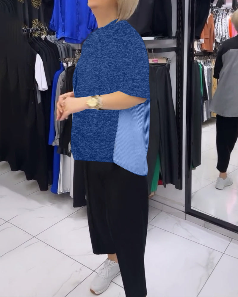 Casual blouse met patchwork en krijtstreep