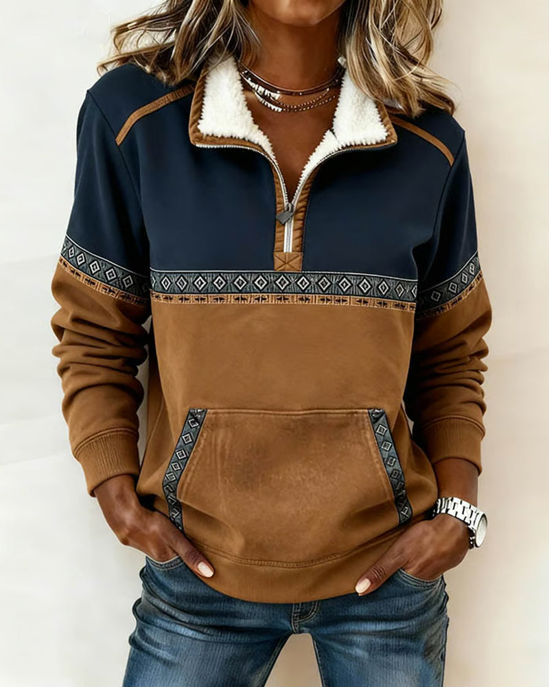 Retro Sweatshirt Met Colorblocking En Bontkraag