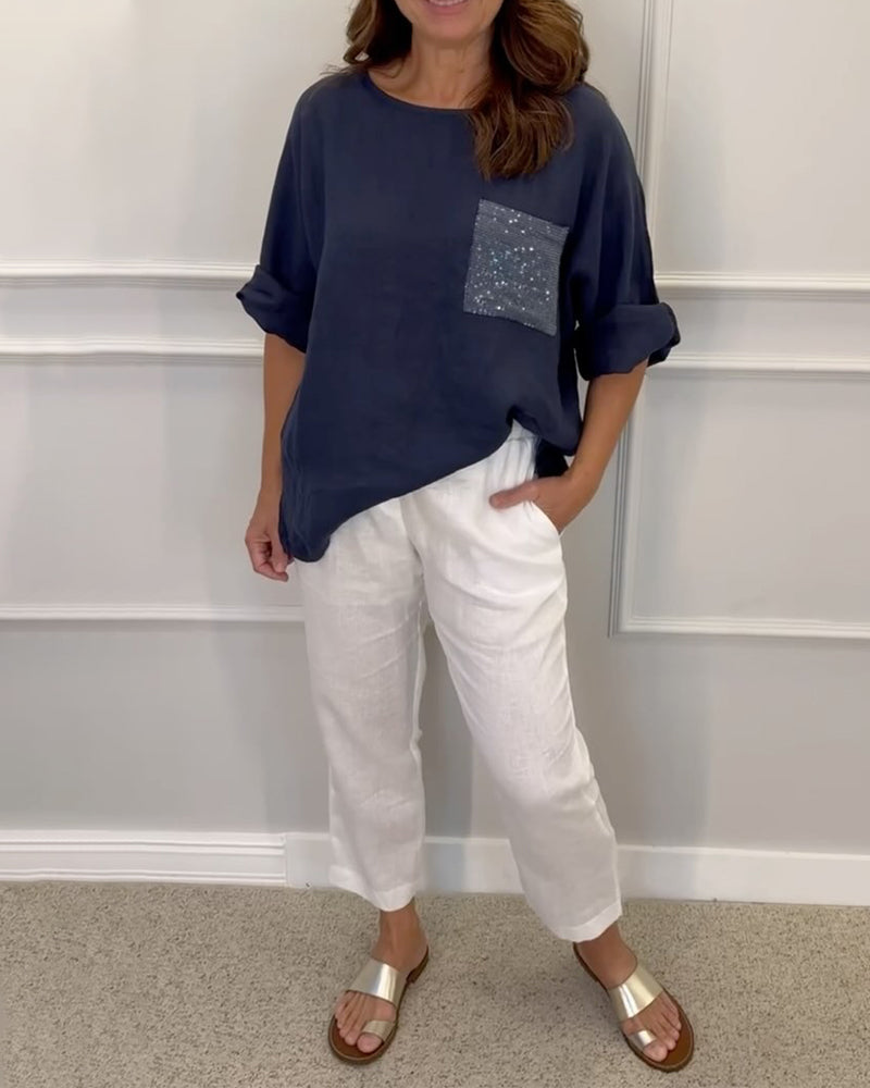 Top met ronde hals en paillettenzakken