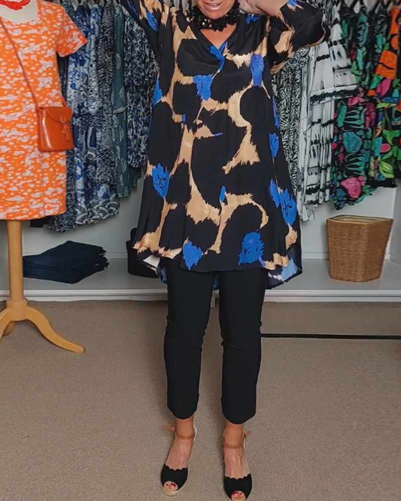 Contrasterende kleur print V-hals casual blouse met lange mouwen