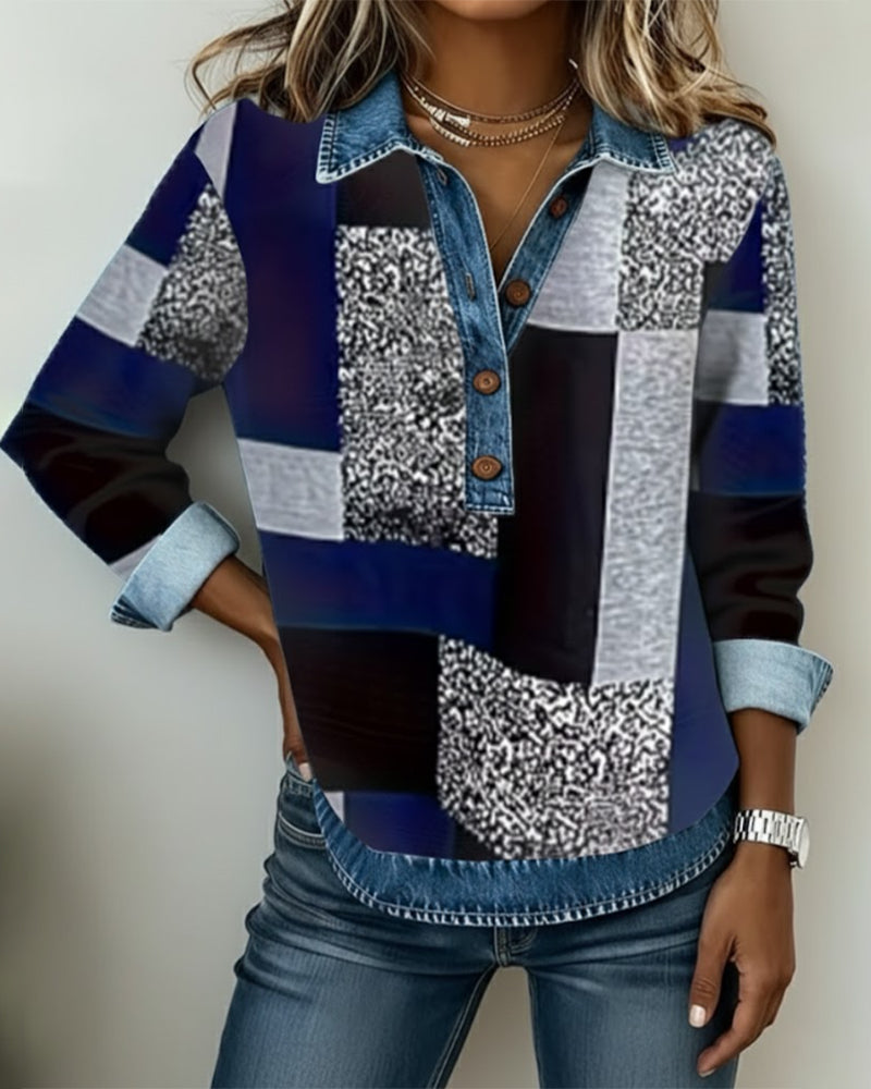 Sweater Denim Patchwork Print Casual