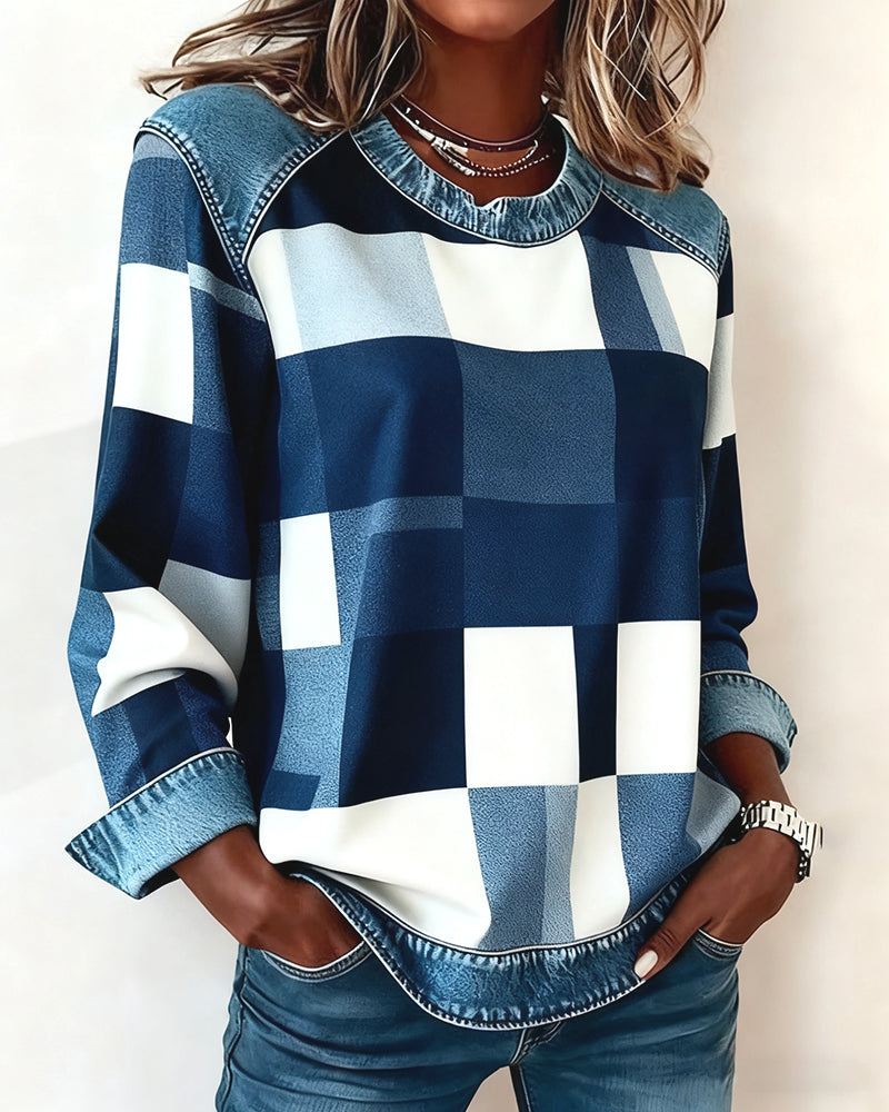 Sweatshirt Met Geruit Patchwork En Contrastkleur