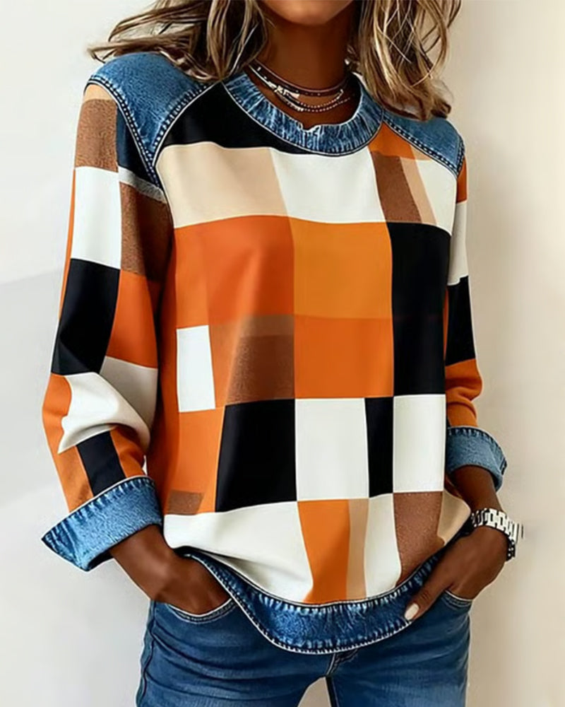 Sweatshirt Met Geruit Patchwork En Contrastkleur