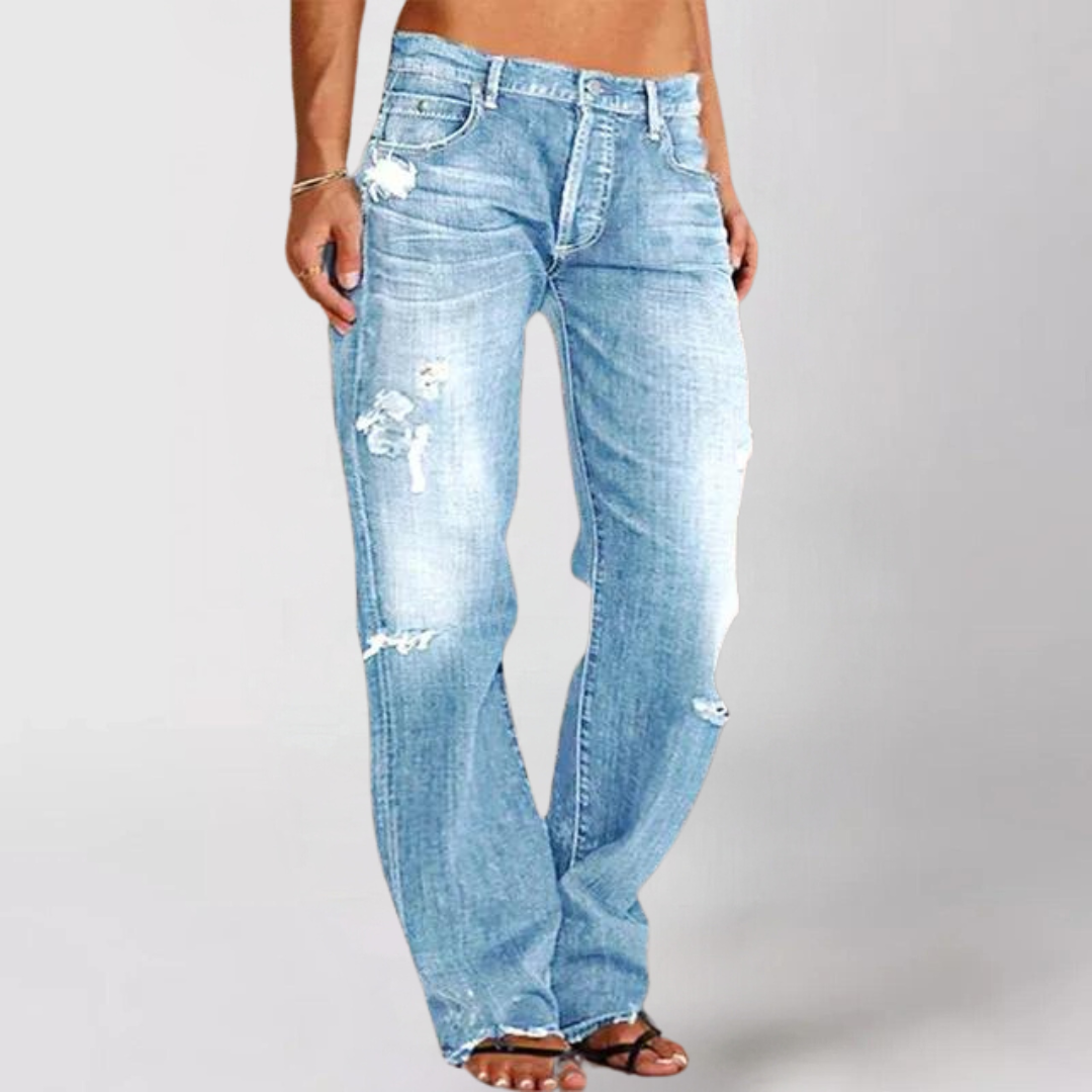 Dames jeans - versleten denim jeans voor een relaxte pasvorm