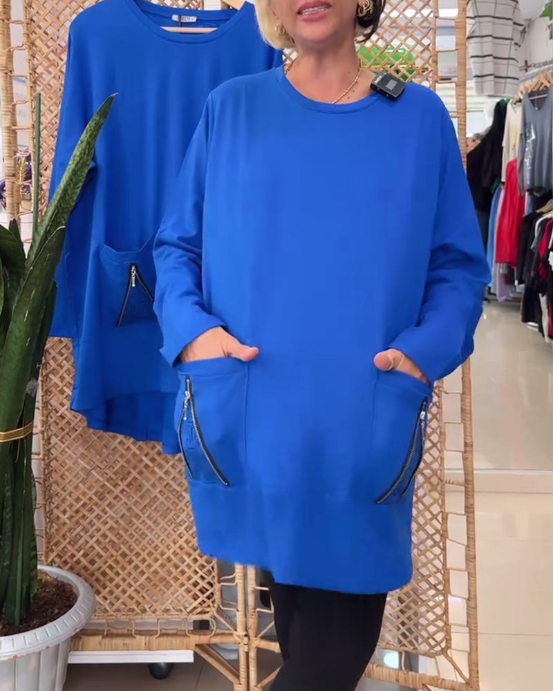 Sweatshirt ronde hals effen kleur ritszak