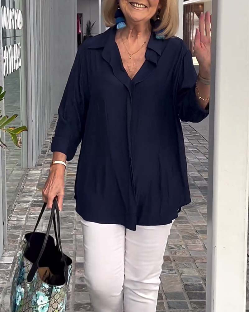 Revers effen kleur losse blouse