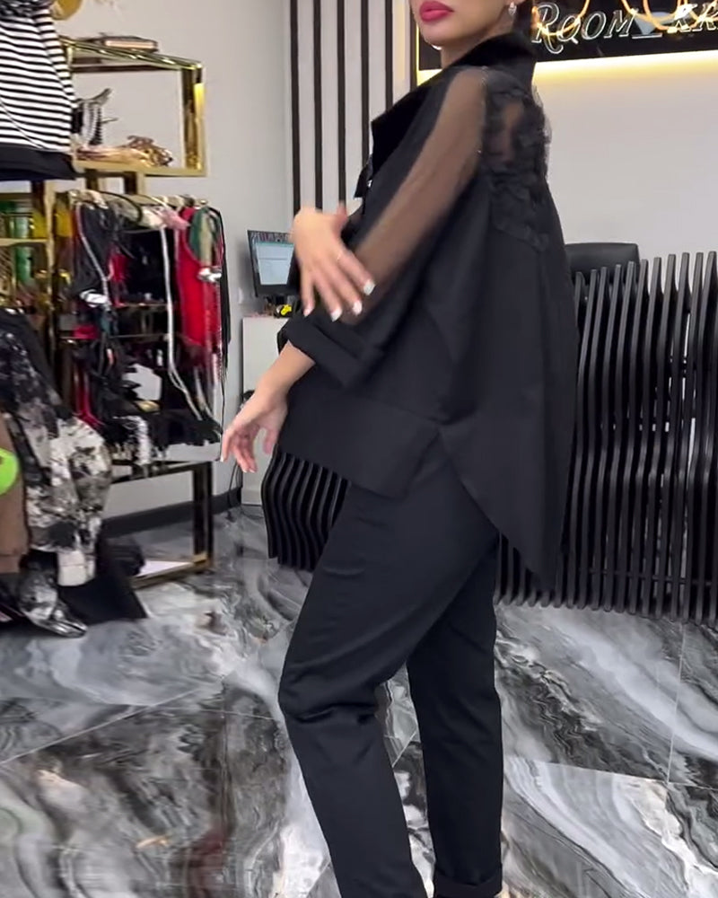 Revers kanten patchwork bloemenblouse