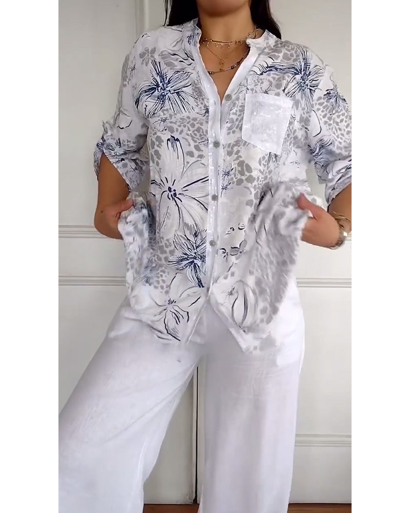 Shirt Staande Kraag Gedrukte Zak