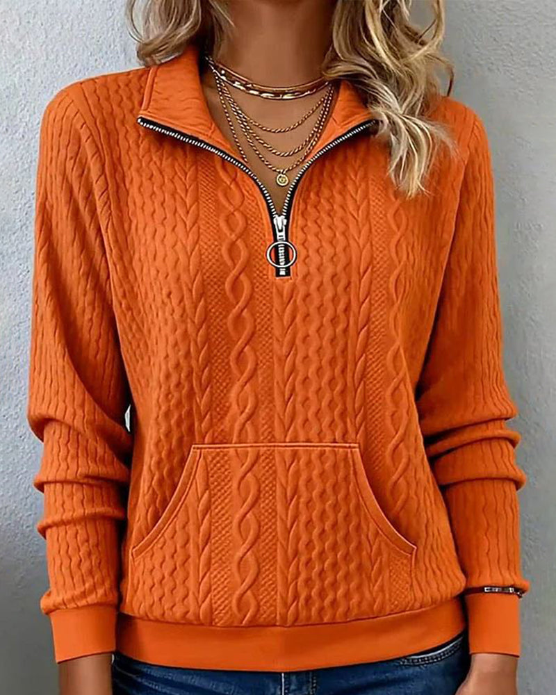 Effen Sweatshirt Met Halve Rits En Jacquard