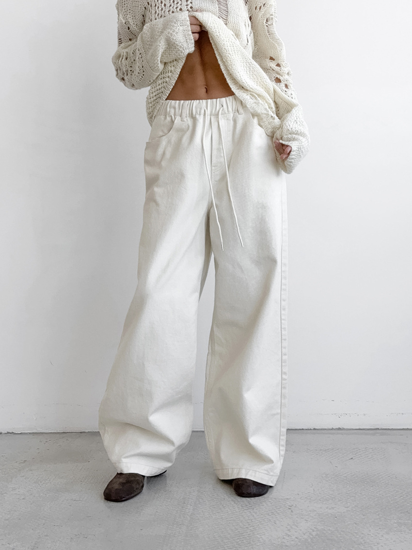 Dames hoge taille wijde pijpen broek - gezellige katoenmix wit casual chic