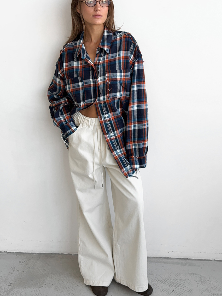 Dames hoge taille wijde pijpen broek - gezellige katoenmix wit casual chic