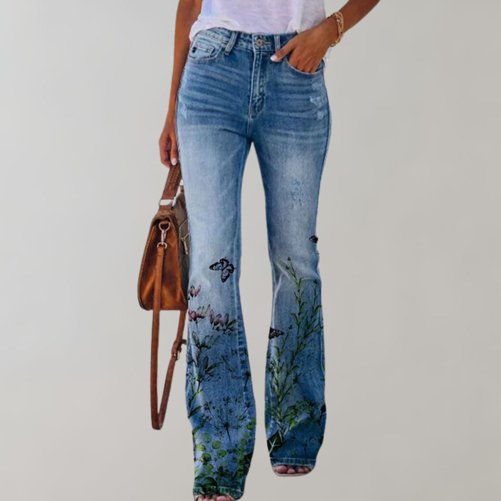 Florale flared jeans - stijlvolle damesjeans met een kleurrijk bloemenpatroon