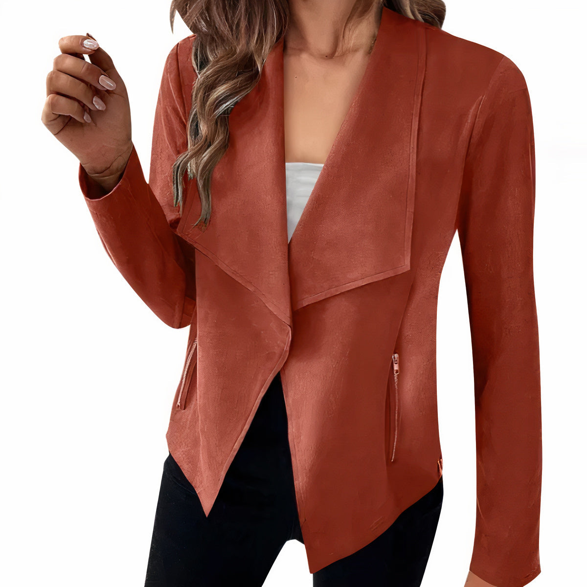 Dames suede blazer - stijlvolle open voorkant jas voor elke gelegenheid