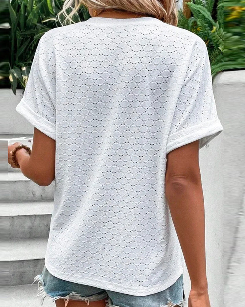 Casual blouse met V-hals in effen kleur met knoop