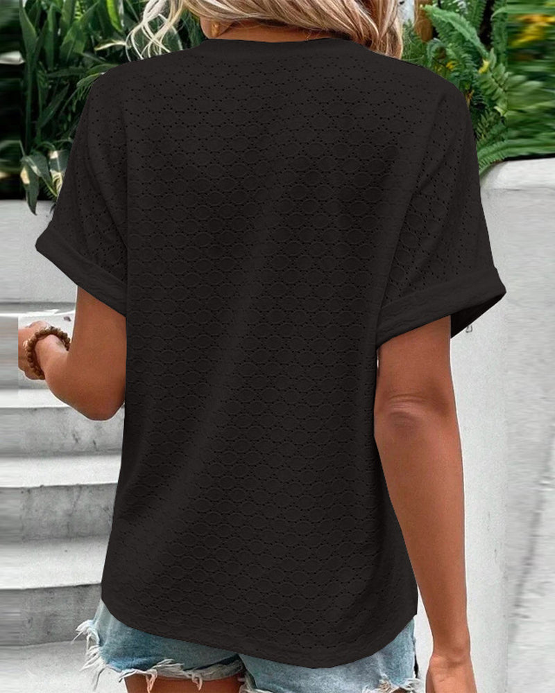 Casual blouse met V-hals in effen kleur met knoop