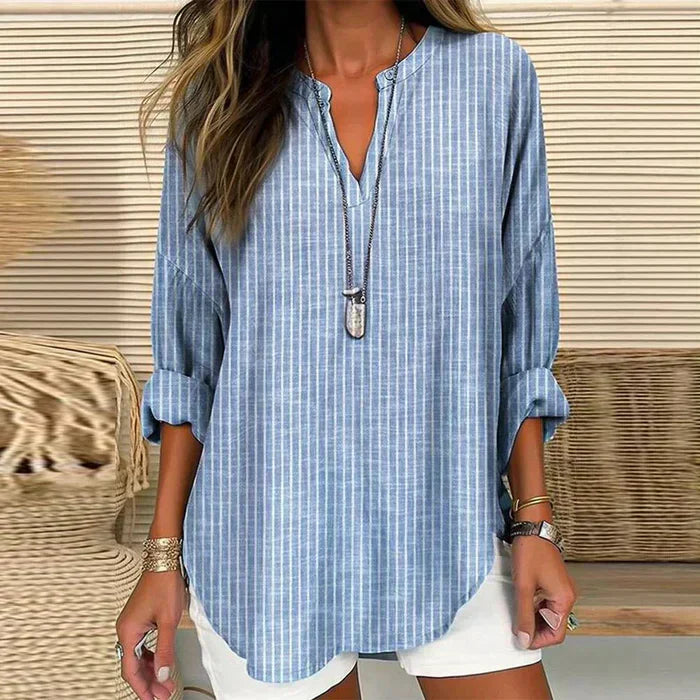 Dames casual tuniektop lichte lange mouwen gestreepte blouse - coole blauwe top voor dagelijks gebruik