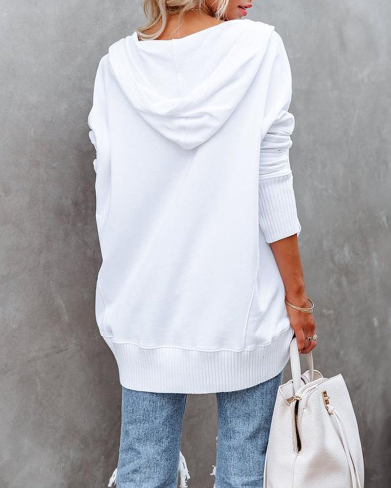 Sweatshirt casual v-hals capuchon effen kleur los