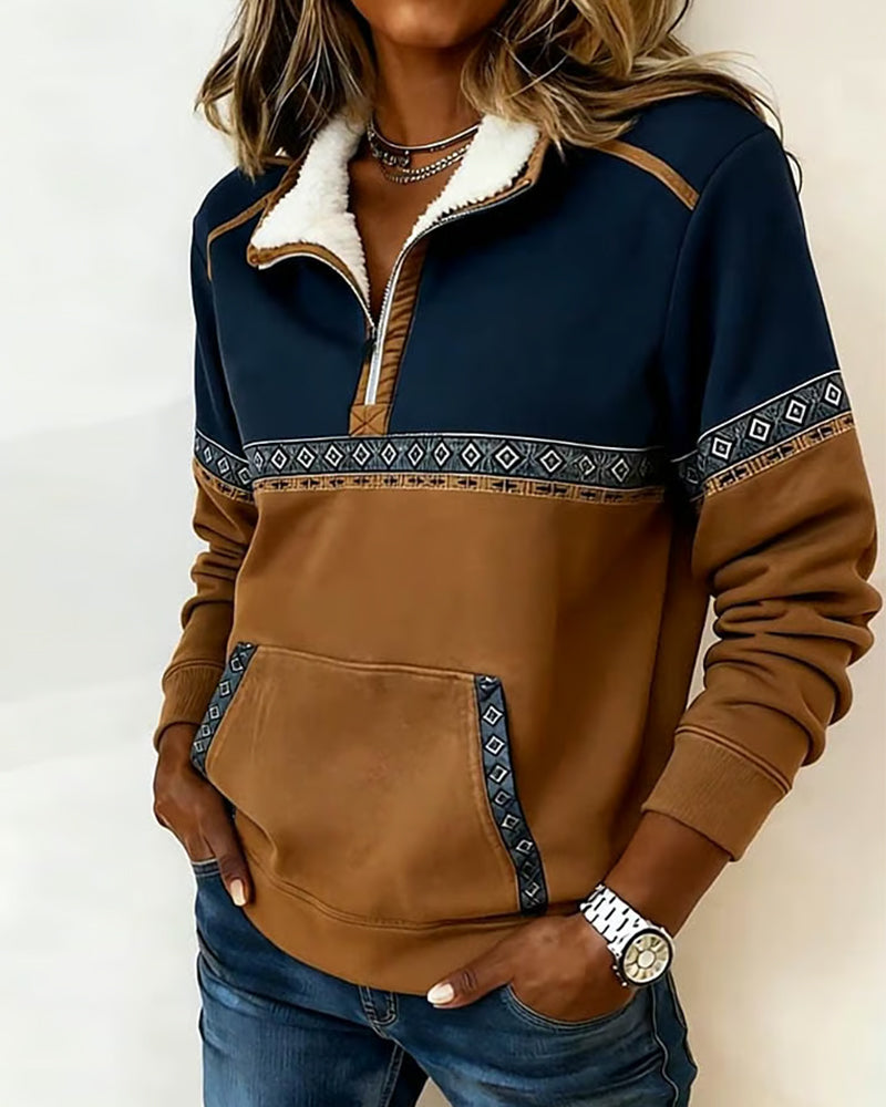 Retro Sweatshirt Met Colorblocking En Bontkraag